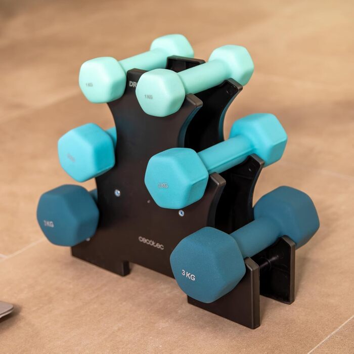 Набір неопренових шестигранних гантелей Cecotec DrumFit Dumbbell 123 (1, 2 та 3 кг), 6 шт, з підставкою