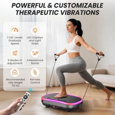 Платформа для вібраційного масажу для схуднення з еластичними стрічками, 9 режимів, 120 рівнів інтенсивності, Bluetooth, LED-дисплей, 150 кг, срібна