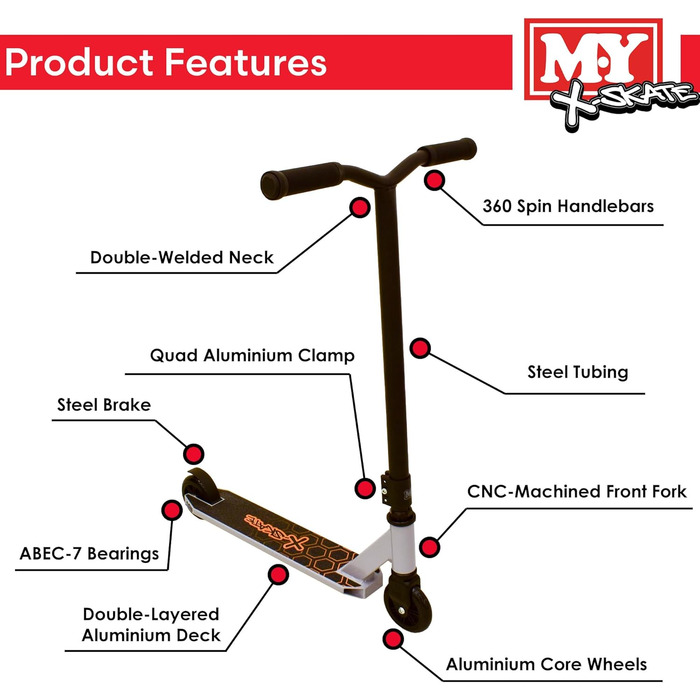 M.Y. X-Skate XSK-007 Стант-скутер – Фрістайл кікскрутер з підшипниками ABEC 7, сірий