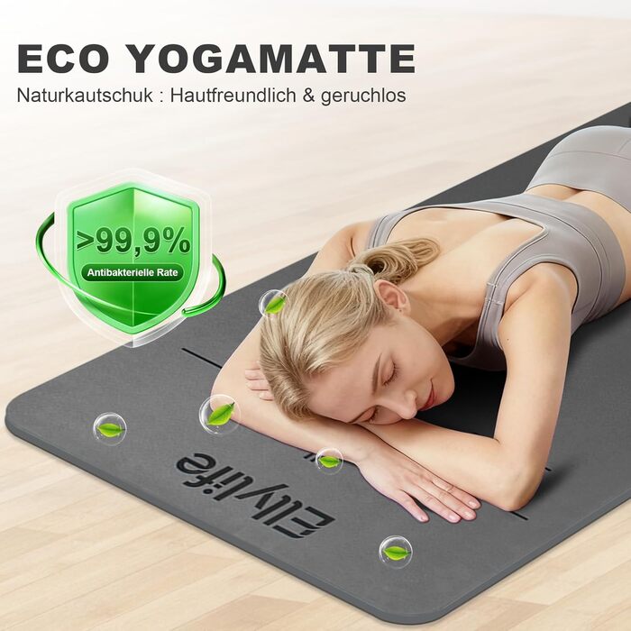 Протиковзкий килимок для йоги, пілатесу та фітнесу з еко-натурального каучуку та TPE, з лініями розмітки та ременем для перенесення, темно-сірий, 4 мм