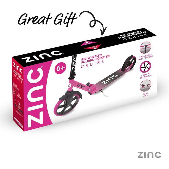 Самокат дитячий Zinc Big Wheel Pink/Black для дітей від 6 років, складаний, колеса 200мм, гальмо, до 100 кг