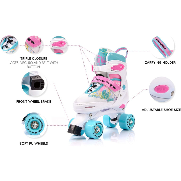 Роликові ковзани Meteor Retro Rollschuhe – стиль 80-х для дітей. Quad skate, 5 кольорів, регульований розмір 39-42 (Flora)