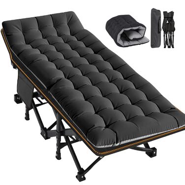 Велике розкладне ліжко з матрацом – 198x81x46 см, 400 кг, сталевий каркас, оксфордська тканина, для дорослих, сад, подорожі (XXL Чорний)