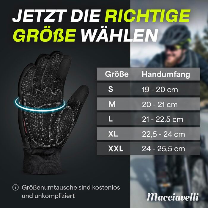 Велосипедні рукавички MACCIAVELLI® для чоловіків та жінок - зимові теплі термо рукавички з підтримкою сенсорного екрану для шосе, MTB та гірського велосипеда. Вітро- та водонепроникні, чорного кольору, розмір L