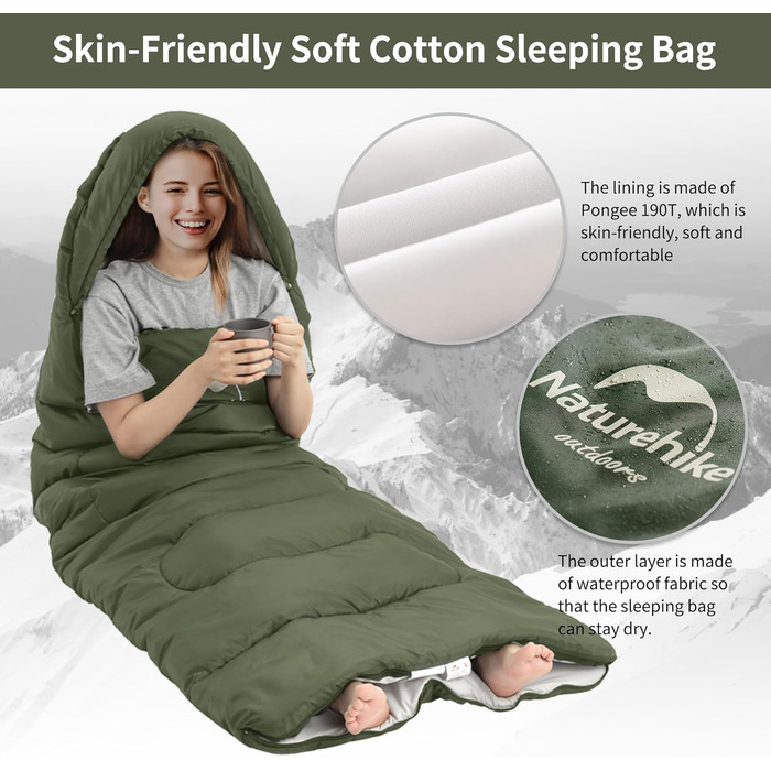 Сплячий мішок Naturehike з капюшоном, ковдровий спальник для кемпінгу, легкий та зручний, ідеальний для відпочинку на природі та подорожей, армійного кольору (7~11°C)