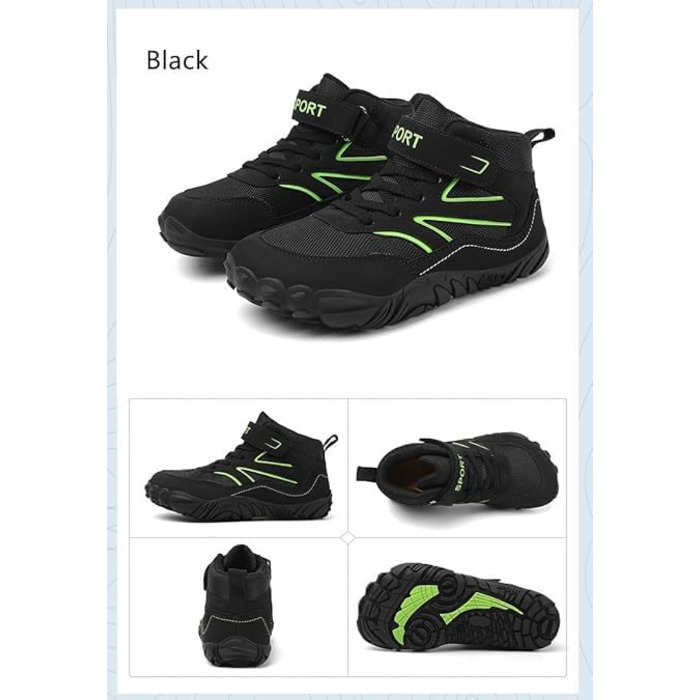 Дитячі черевики Barefoot для хлопчиків та дівчаток, туристичні черевики для дітей з підошвою Zero Drop та широким носком, легкі черевики для ходьби босоніж, антиковзаючі, дихаючі, розміри 28-37 EU, чорний колір, 32 EU