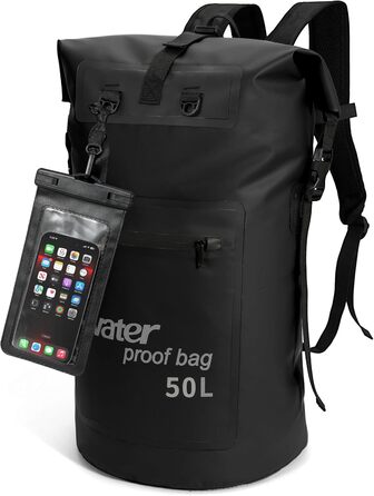 Водонепроникний рюкзак WELDUN 50L з IPX8 чохлом для телефону, Rolltop, для каякінгу, кемпінгу, трекінгу та водних видів спорту (Чорний)