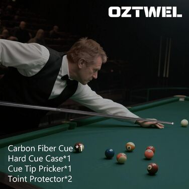 Професійний кий для більярду з карбону, 12.4 мм, 8-шарова вершина, низька відсікання, для дорослих, з професійним конусом, 3/8 x 8, чорний