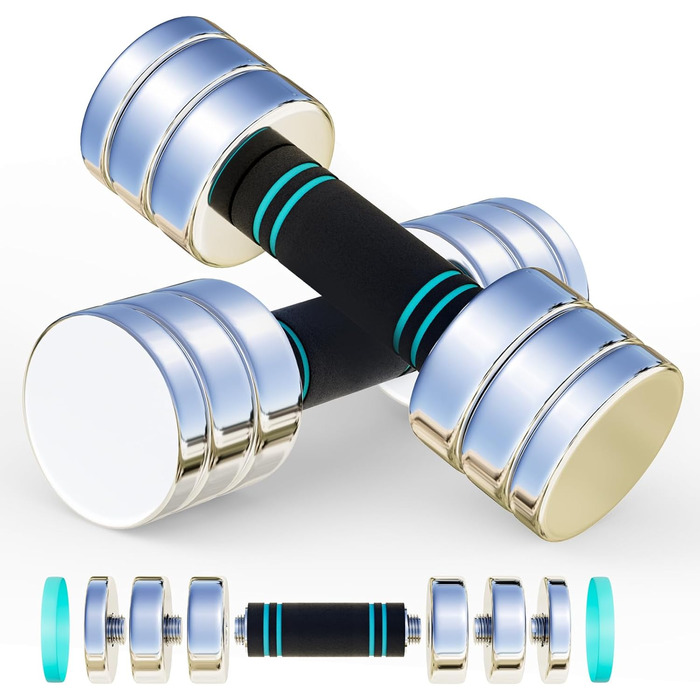 Регульовані гантелі 15 кг, 10 кг, 5 кг - Набір гантелей 2 шт. з компактним сталевим корпусом та пінополіуретановим грифом - Фітнес гантелі для дому 2 x 5 кг (блакитні)