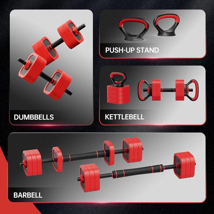 Набір гантелей JOROTO 10-30 кг 4-в-1: гантелі, штанга, гиря та бруси для фітнесу вдома. Підходить для силових тренувань та загальної фізичної підготовки.