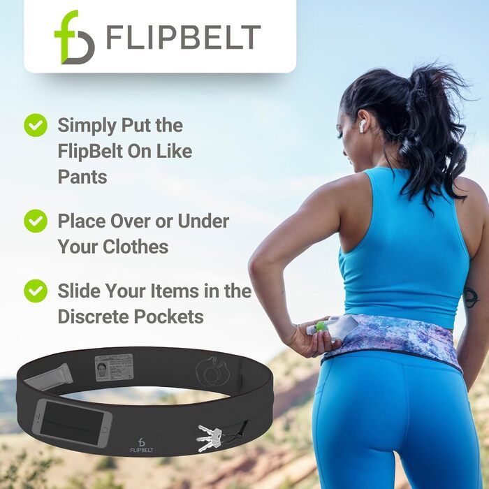 FlipBelt Klassischer Laufgürtel: Пояс для бігу, поясна сумка для жінок та чоловіків, без натирань, для телефону, вологовідвідний, L Carbon