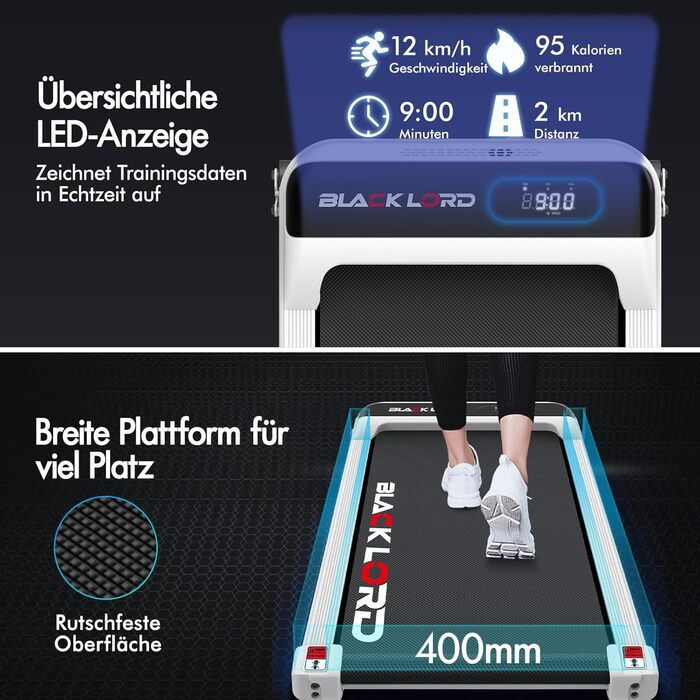Електричний біговий тренажер BLACK LORD з нахилом 9%, 3.2 PS, 4-в-1 для дому та офісу, 12 програм, динамік, 140 кг, білий