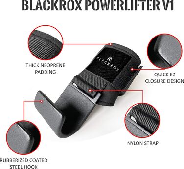 BLACKROX гачки для тяги V1 для пауерліфтингу, бодібілдингу, 2 шт, металеві гачки з м'якою фіксацією на зап'ястя, для важкої атлетики та кросфіту, чорні