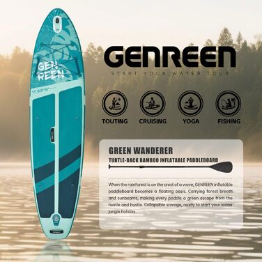 Надувне SUP-борд GENREEN (Extra Groß) для всіх рівнів підготовки, 335x86 см, для дорослих, з аксесуарами, з тримачем для камери, 3 фіни, вантажопідйомність до 200 кг (Monstera blue)