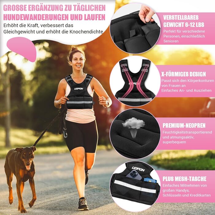 Вага для тренувань з регульованою вагою для жінок, 2.72–5.44 кг, вага з 6 знімними вагами по 0.45 кг, регульований розмір, з кишенями, чорно-сіра