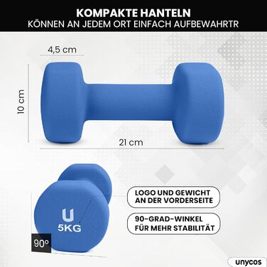 Гантелі неопренові Unycos 2 шт. 1-10 кг, короткі, антиковзаючі, для фітнесу, силових тренувань, пілатесу, дому (#07 Синій, 2 x 5 кг, круглі)