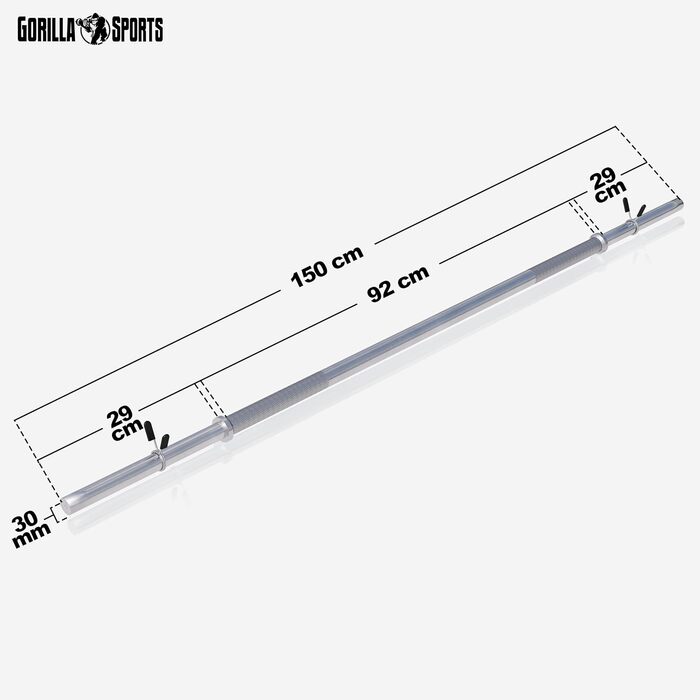 Штанга GORILLA SPORTS хромована 30 мм, 120/150/170 см, з двома пружинними замками, до 200 кг – гриф для штанги, гантельний гриф