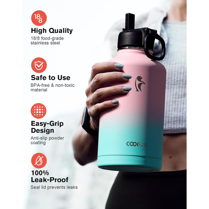 Термос-бутилка Coolflask 2 л з трубочкою та 3 кришками, нержавіюча сталь, вакуумна ізоляція, для спорту та офісу, колір Bubble Gum
