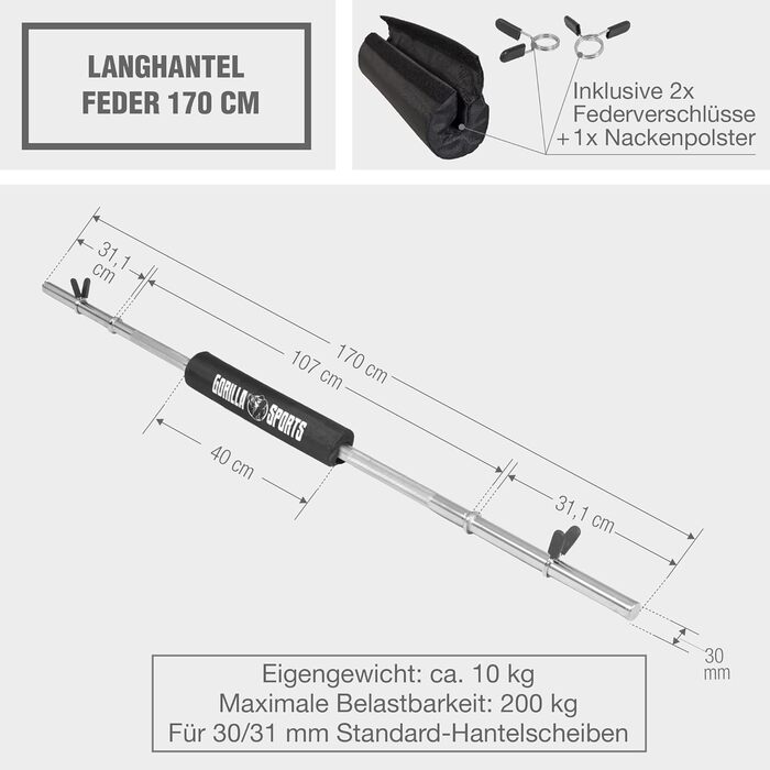 Олімпійський гриф GORILLA SPORTS 170 см з подушкою для шиї, 200 кг, хромований, насічка, діаметр 30 мм, з гвинтовими і пружинними замками — штанга для силових тренувань