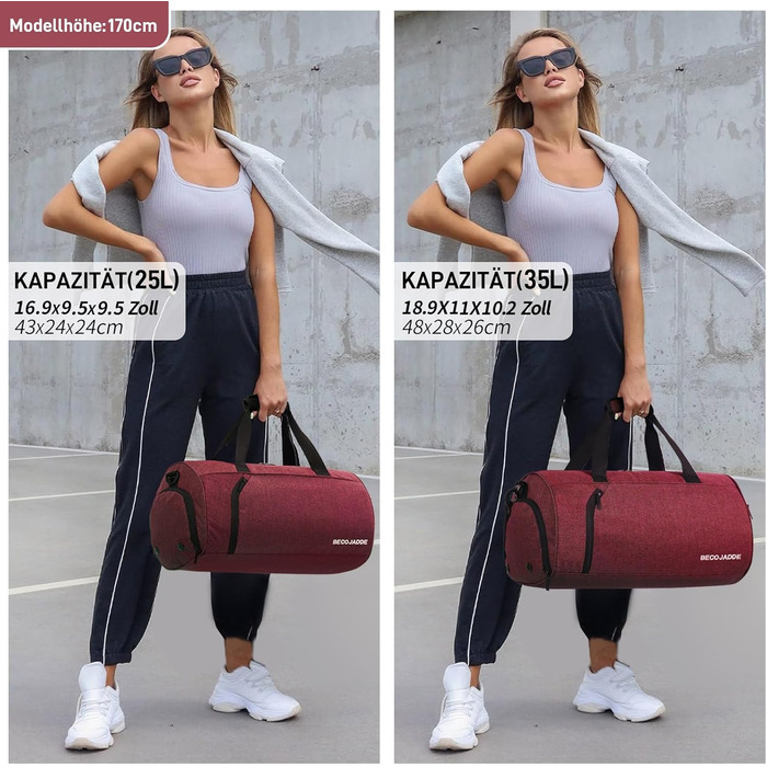 Спортивна сумка 35л для жінок і чоловіків, дорожня duffel-сумка з відділенням для взуття та вологих речей, водонепроникна ручна поклажа для спорту, фітнесу, басейну, колір бордовий