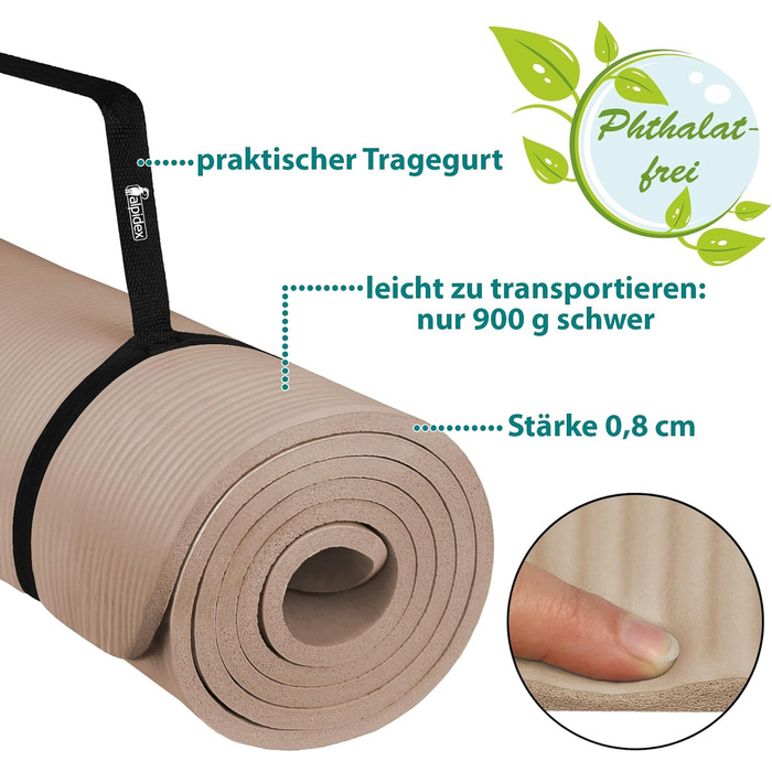 Йога мат ALPIDEX 183x60x0.8 см - Антиковзка, для фітнесу, пілатесу, йоги та гімнастики, з E-Book та ремінком