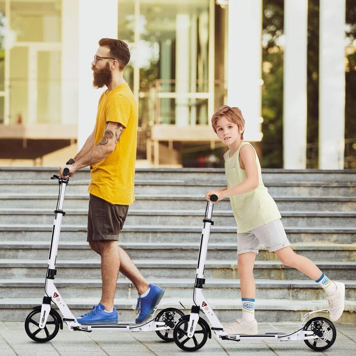 Самокат трюковий GYMAX, регульована висота, складний, 200 мм колеса, подвійне зчеплення, дзвінок, ремінь, до 100 кг, для дітей та дорослих (білий)