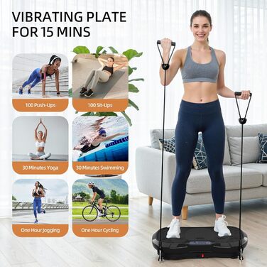 Вібраційна платформа TLGREEN з надтихим мотором, 120 рівнів + 10 програм тренувань, з пультом дистанційного керування, тренувальні гумки, для тренувань всього тіла, схуднення, L-59x34x13cm, чорний