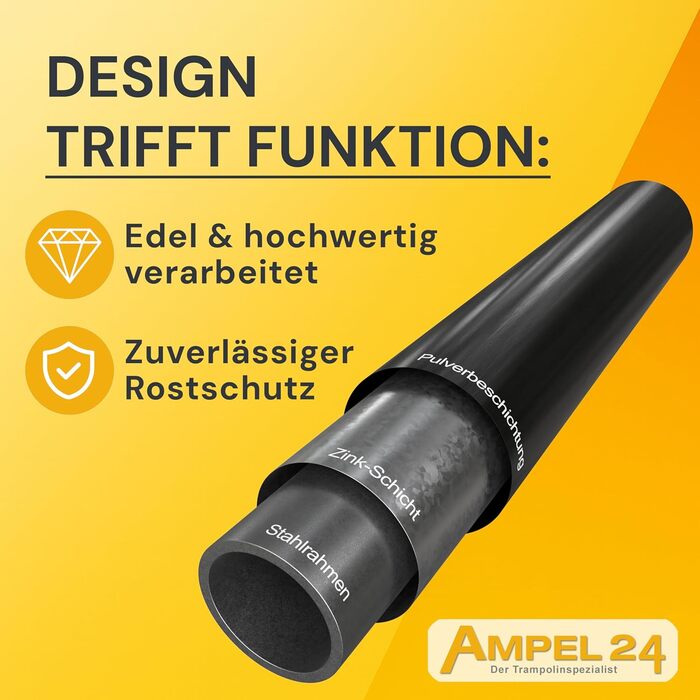 Батут Ampel 24 для саду Ø 305/366/430 см, сертифікат GS, для дітей, повний комплект з захисним бордюром та сіткою, чорний преміум-фрейм