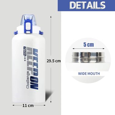 Термос Wenlim 1.8 л з нержавіючої сталі з трубочкою, BPA-free, ізольована пляшка для спорту, кави, чаю, біла, герметична
