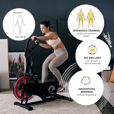 Велотренажер SportPlus Profi Air Bike з повітряним опором, HIIT, до 135 кг, чорний/червоний, сумісний із додатком, домашній фітнес