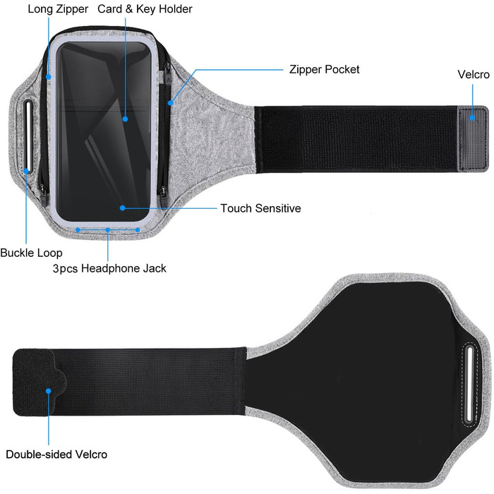 Спортивний браслет для телефону з кишенею для навушників, чохол для телефону для бігу 6.9 дюймів, кріплення на руку для iPhone 17 16 15, спортивний браслет, знімний тримач для телефону, для джоггінгу (світло-сірий)
