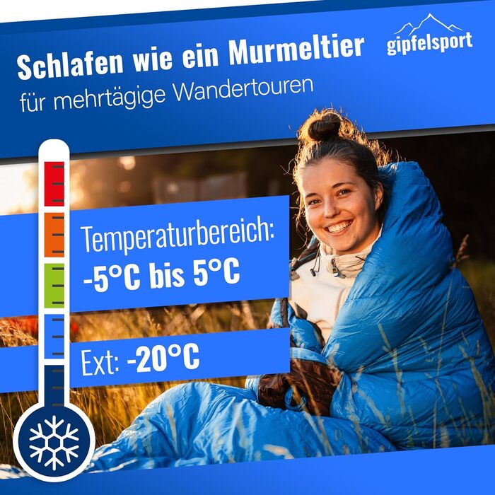 Сплячий мішок Gipfelsport Ultraleicht 4 сезони [-20°C до 15°C] - ультралегкий, для кемпінгу, трекінгу та подорожей, блакитний