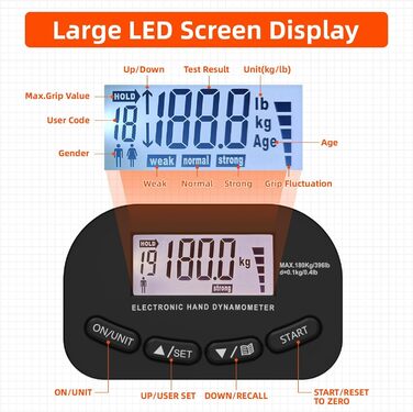 Електронний динамометр для вимірювання сили хвата, 180 кг, з регульованою ручкою та силіконовими кільцями