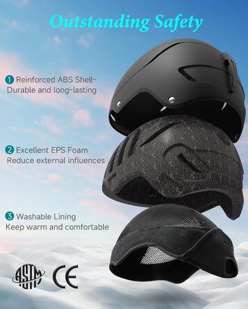 Шолом для катання на лижах та сноуборді, чорний, регульований, для чоловіків, жінок та підлітків (M)