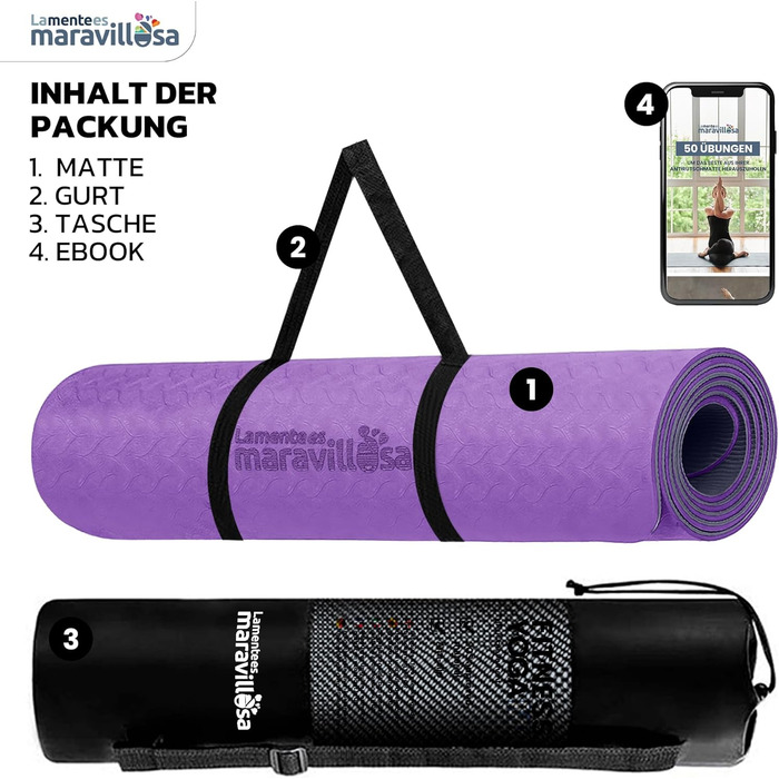 Килимок для гімнастики та йоги з неслизьким покриттям, з сумкою та E-book, 183x61 см, Мандала, фіолетовий + чорний