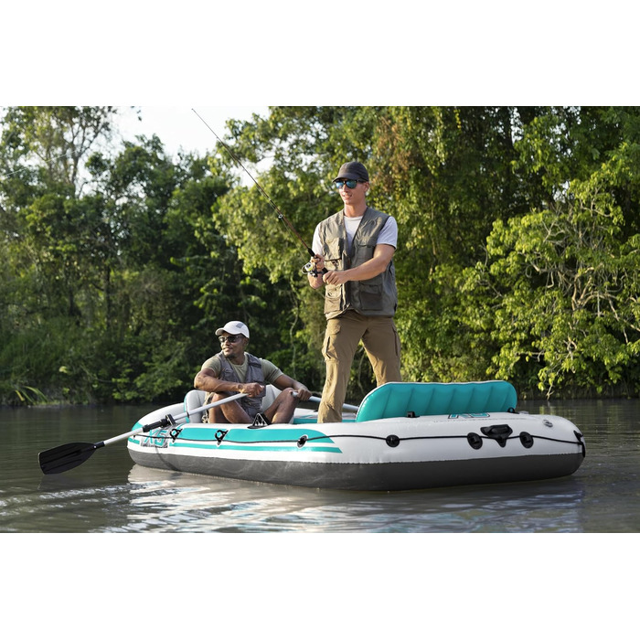 Надувний човен Bestway Hydro-Force Adventure Elite X5, 5-місний, з насосом, веслами, сидіннями, сумкою для спорядження, 364x166x45 см, бірюзово-сірий