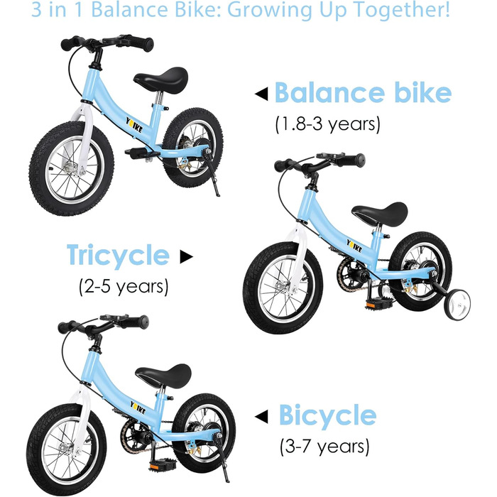 Дитячий велосипед YBIKE 2-в-1: біговел та велосипед, 12/14/16 дюймів, з гальмами та педалями, для дітей 1-7 років, блакитний