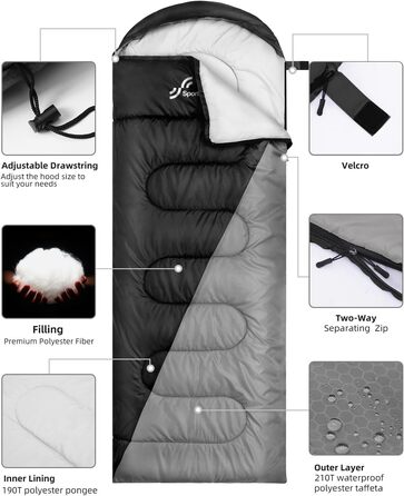 Сплячий мішок Outdoor Sportneer для дорослих та дітей - легкий, зручний для кемпінгу, походу, рюкзака. Розмір 220x75 см, чорно-сірий