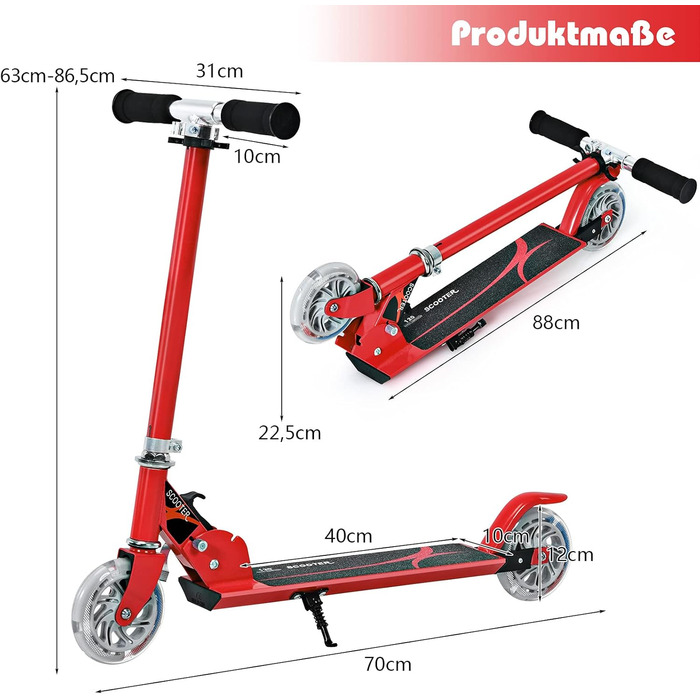 Дитячий ролер Costway з LED-колесами, для дітей від 4 років, до 70 кг, регульована висота, ролер-кіксктер для хлопчиків та дівчаток (червоний)