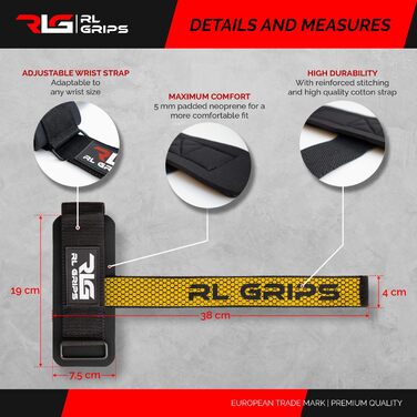 Лямки для підйому ваги RL Grips для станова та силового тренінгу з захистом зап'ясть, жовті