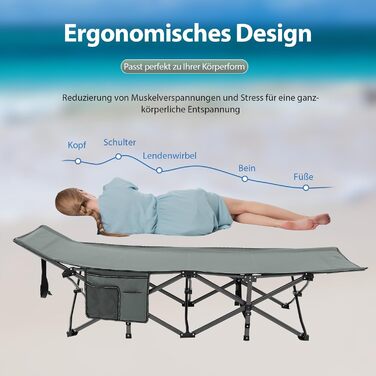 Розкладне ліжко SOARS для кемпінгу та відпочинку: стабільне металеве ліжко з кишенею та сумкою, до 272 кг, для відпочинку на природі та вдома, зелений (сірий)