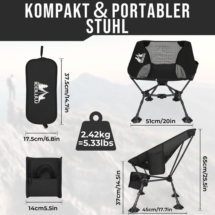 Складний туристичний стілець JONRRYIN для кемпінгу та відпочинку на природі: легкий, з кишенями та сіткою на спинці