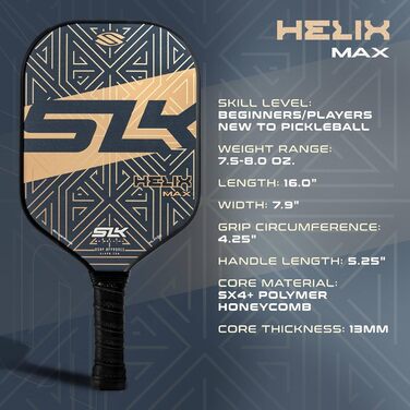 Професійна ракетка для піклболу SLK Helix Pro 2024, гібридна поверхня з карбону і скловолокна, термоформований карбоновий сердечник, максимальний контроль, GoldMaze