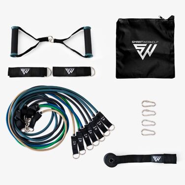 Набір для силових тренувань SmartWorkout® з гумовими стрічками опору – 19 шт., до 120 кг, стержень, дверний анкер, програма тренувань