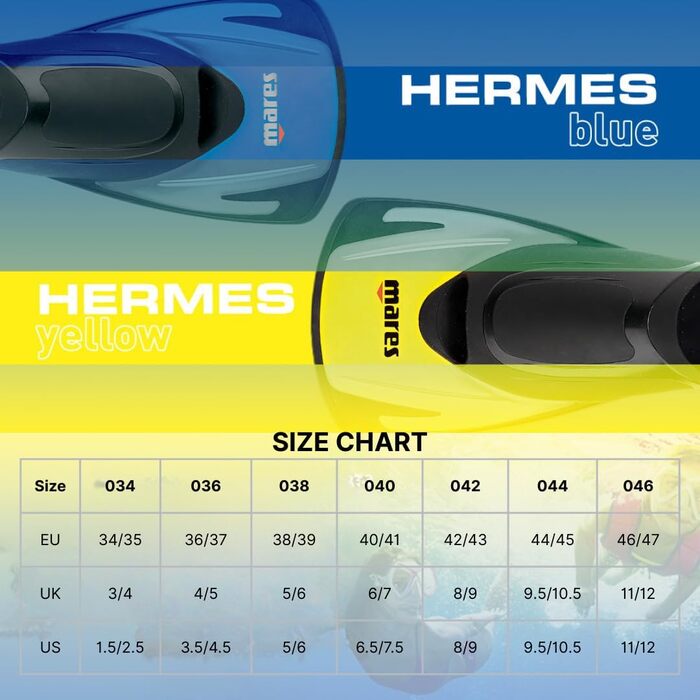 Ласти Mares Hermes – унісекс, для плавання та дайвінгу, сині. Зручні та легкі ласти з відкритим закриттям на нозі, розмір 42/43.
