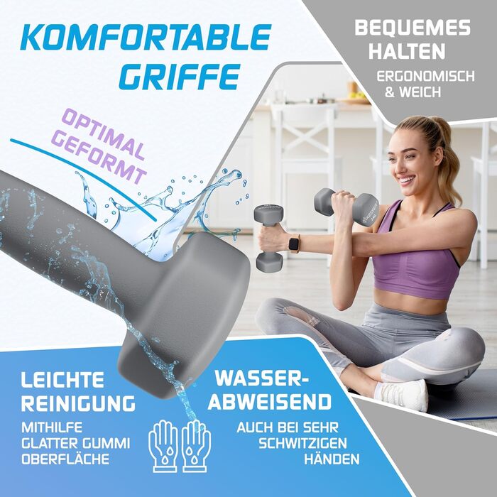 Набір гантелей KESSER® 12 кг з підставкою, 3 пари (1-5 кг), нековзкий неопрен, з інструкцією та фітнес-гумками