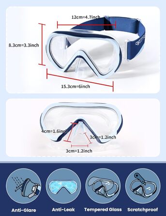 Дитяча маска для снорклінгу та дайвінгу Supertrip, 6-14 років, скло, для хлопчиків та дівчаток (SeaBlue)