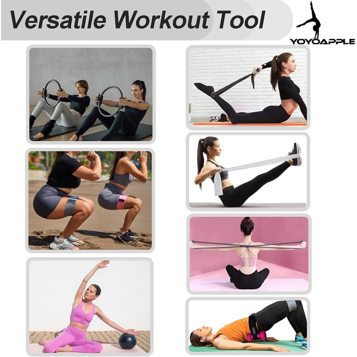 Набір для пілатесу вдома, 11-елементний набір для пілатесу, аксесуари для пілатесу, для жінок, фітнес-кімнат, чорний