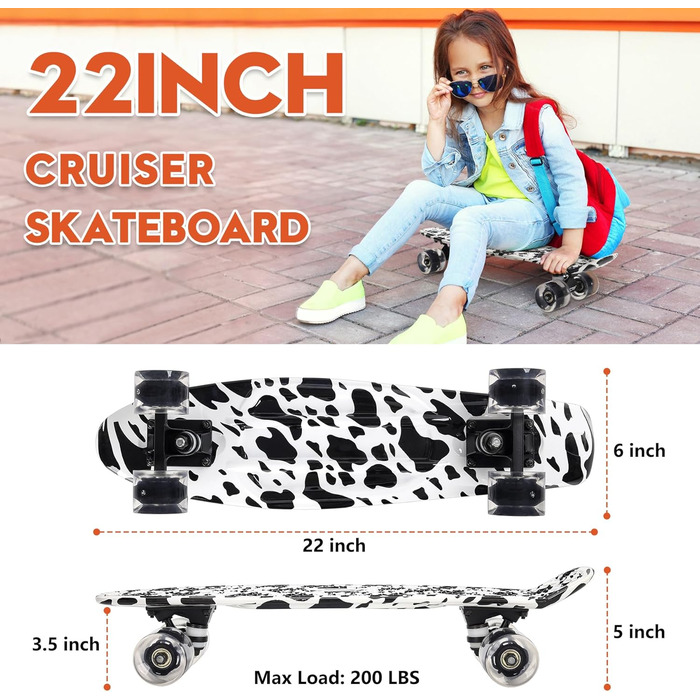 Скейтборд CLYCTIP Mini Cruiser 22 дюйми з підсвічуванням та ABEC-11 підшипниками для дітей та початківців, білий