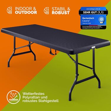 Розкладний садовий стіл Casaria® 183x76 см, чорний, з ротангу, для 8 осіб, тераса, балкон, кемпінг